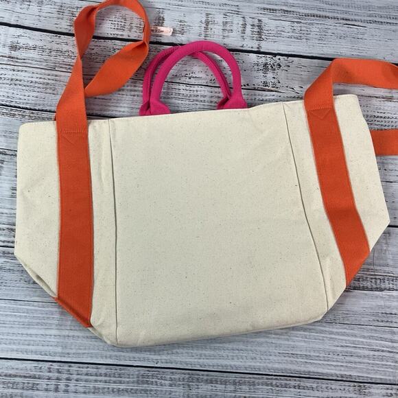 Victoria's Secret Tote Beach Bag Pink Orange Canvas Large Carryall Shoulder - Picture 7 of 8